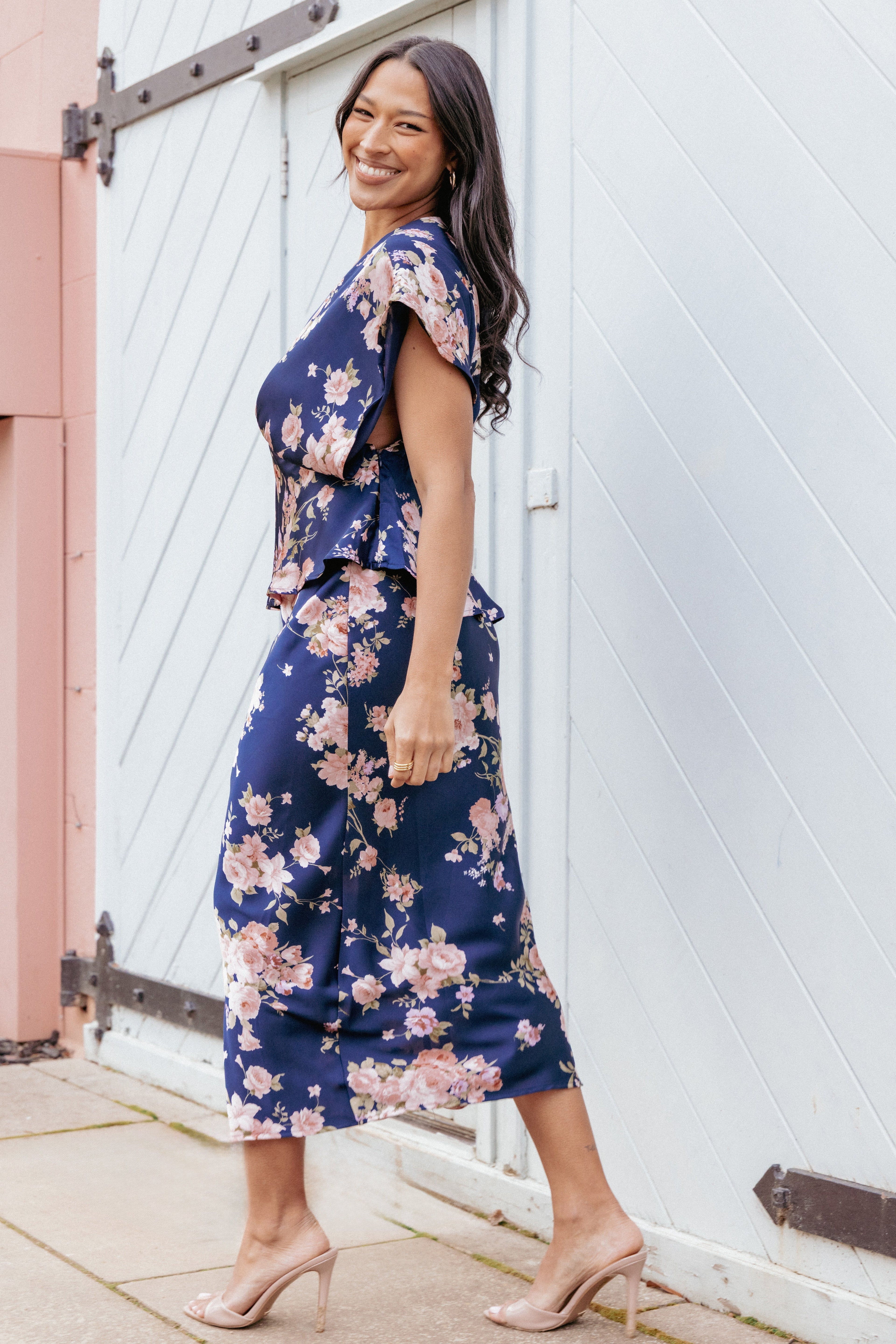 Ava | Chic Navy Floral Satin Midi Skirt for Women