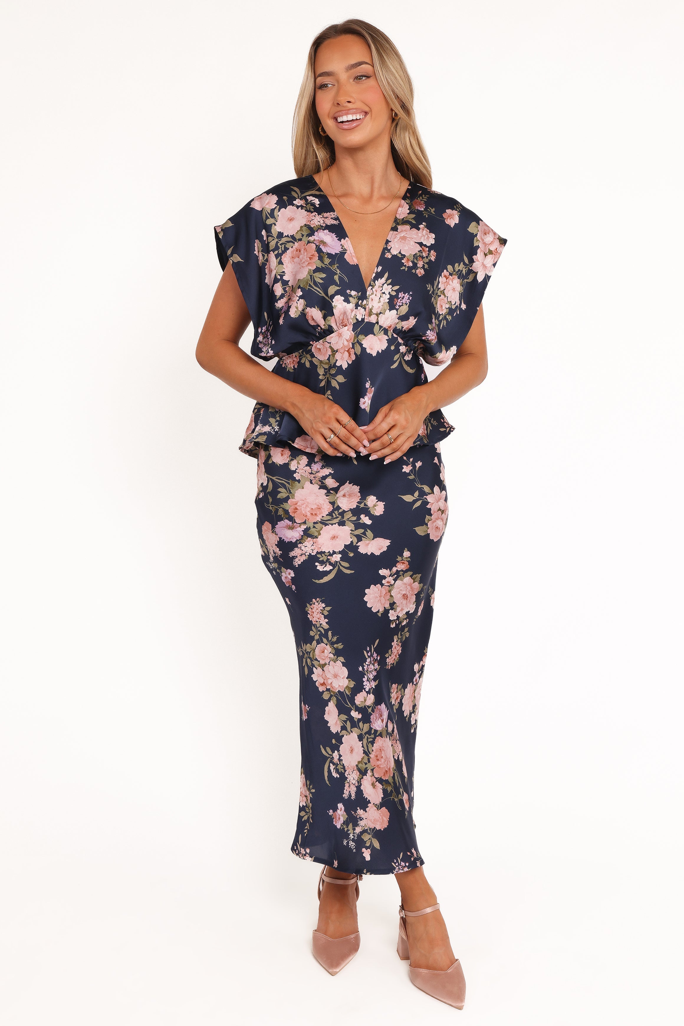Ava | Chic Navy Floral Satin Midi Skirt for Women