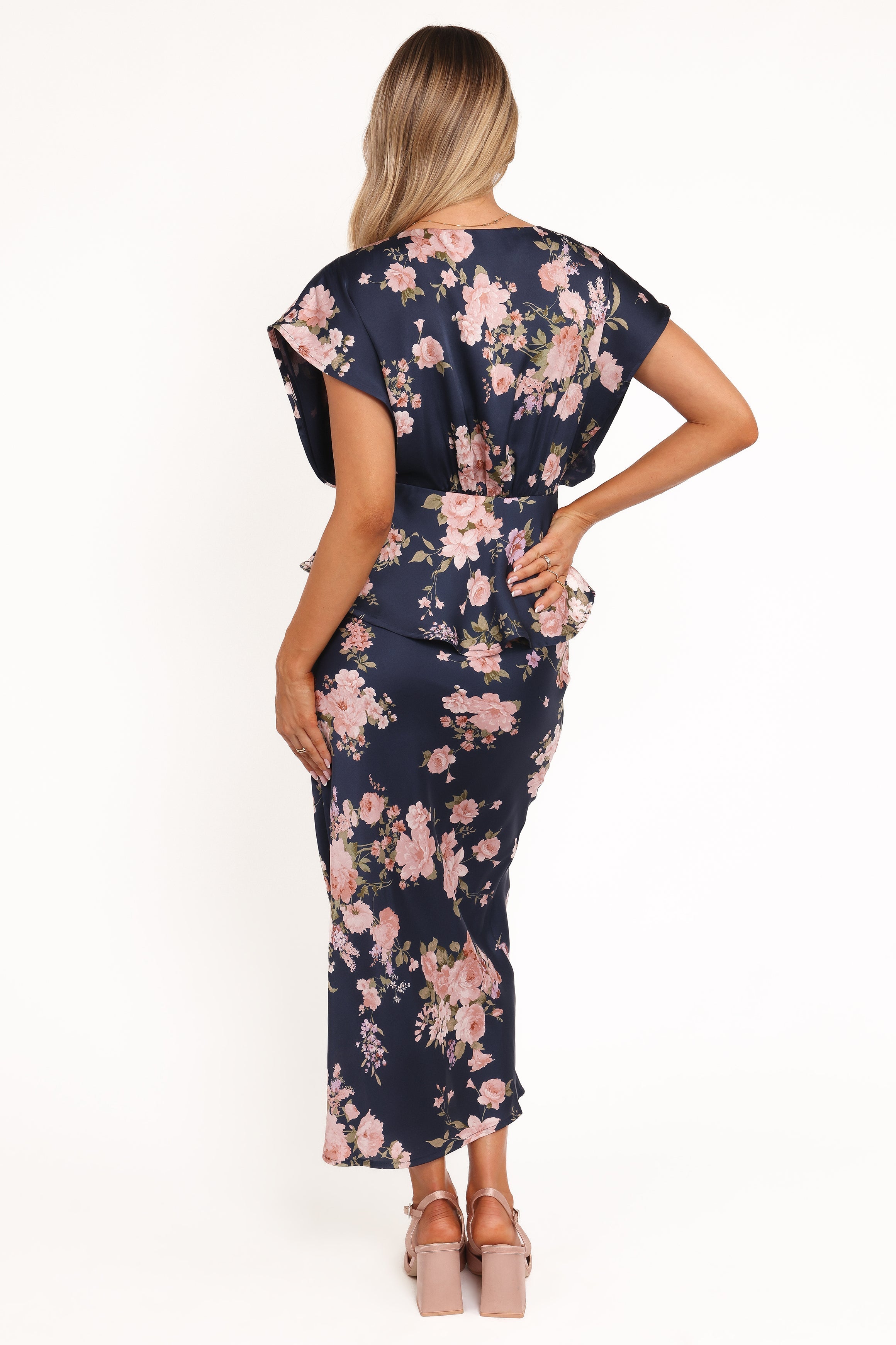Ava | Chic Navy Floral Satin Midi Skirt for Women