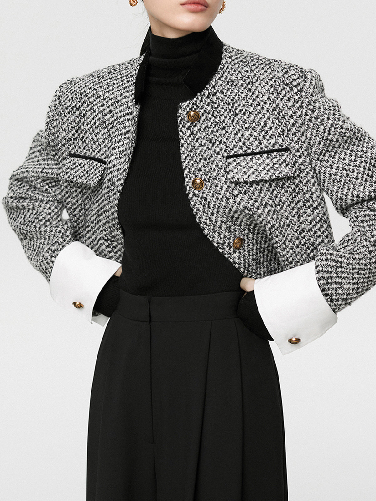 Chic Tweed Boucle Crop Blazer with Long Sleeves | Stylish Layering Piece for Effortless Elegance