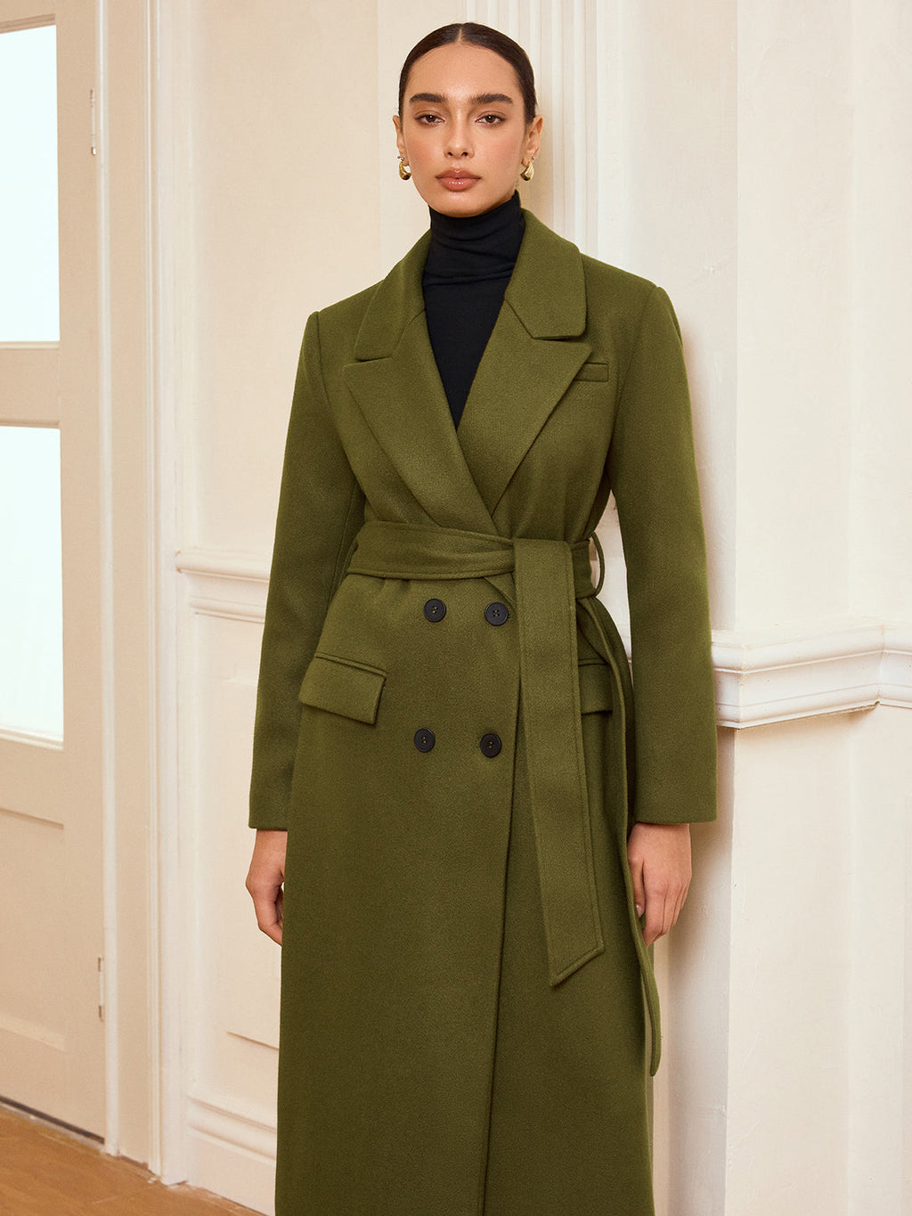 Elegant Double-Breasted Long Coat with Belted Design for Stylish Warmth