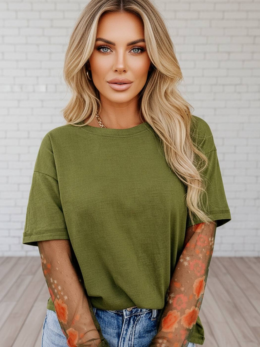 Emily | Elegant Floral Mesh Sleeve Womens Top for Going Out