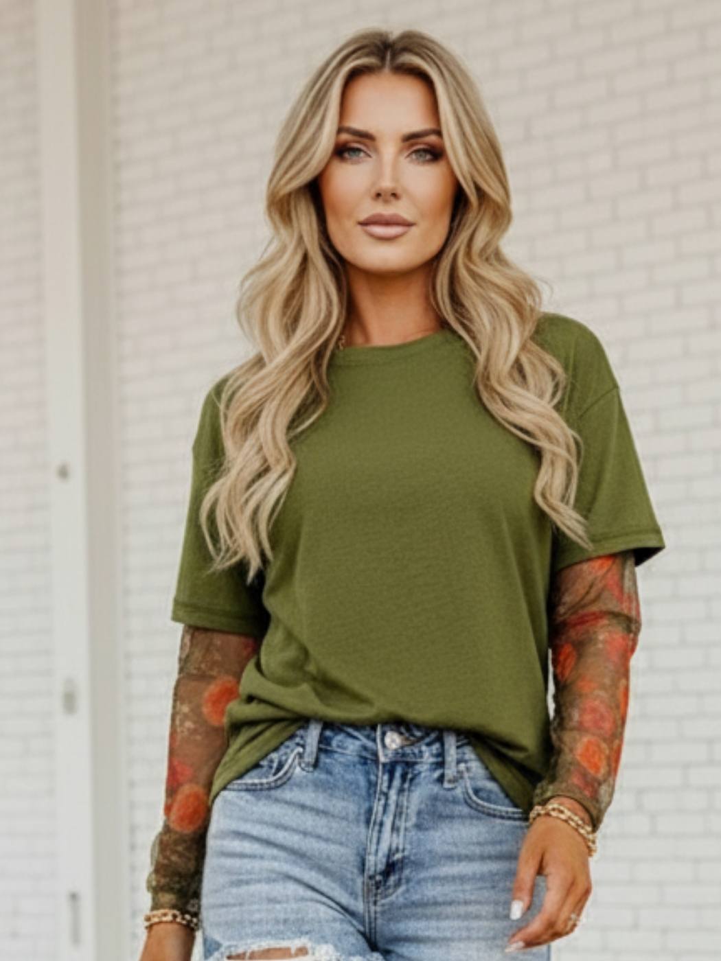 Emily | Elegant Floral Mesh Sleeve Womens Top for Going Out