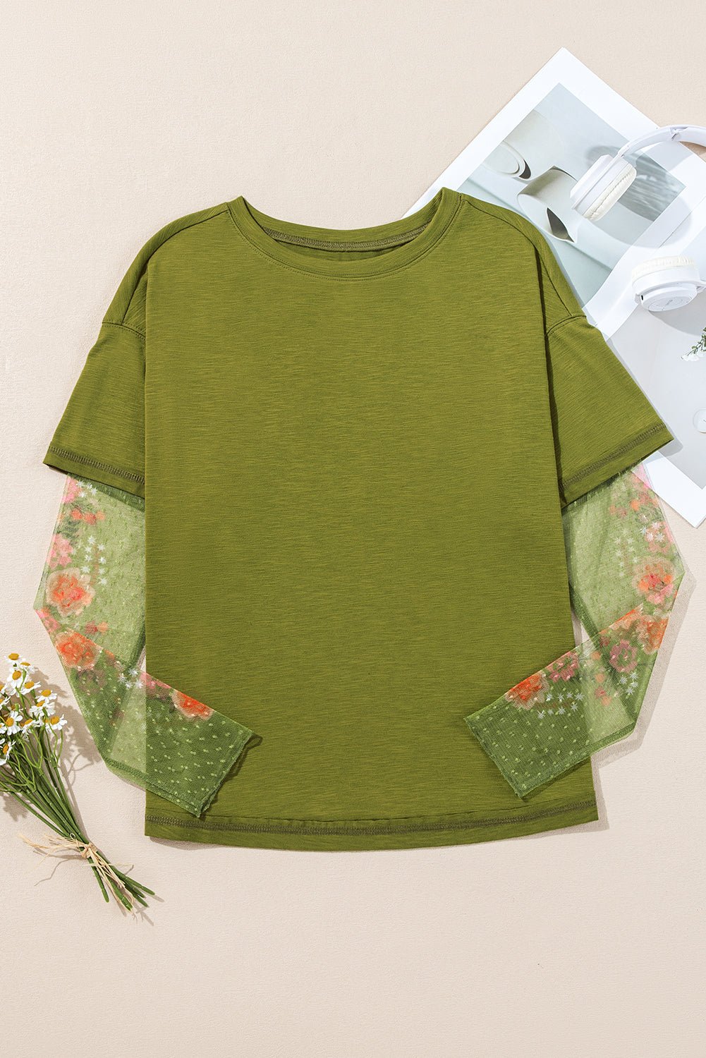 Emily | Elegant Floral Mesh Sleeve Womens Top for Going Out