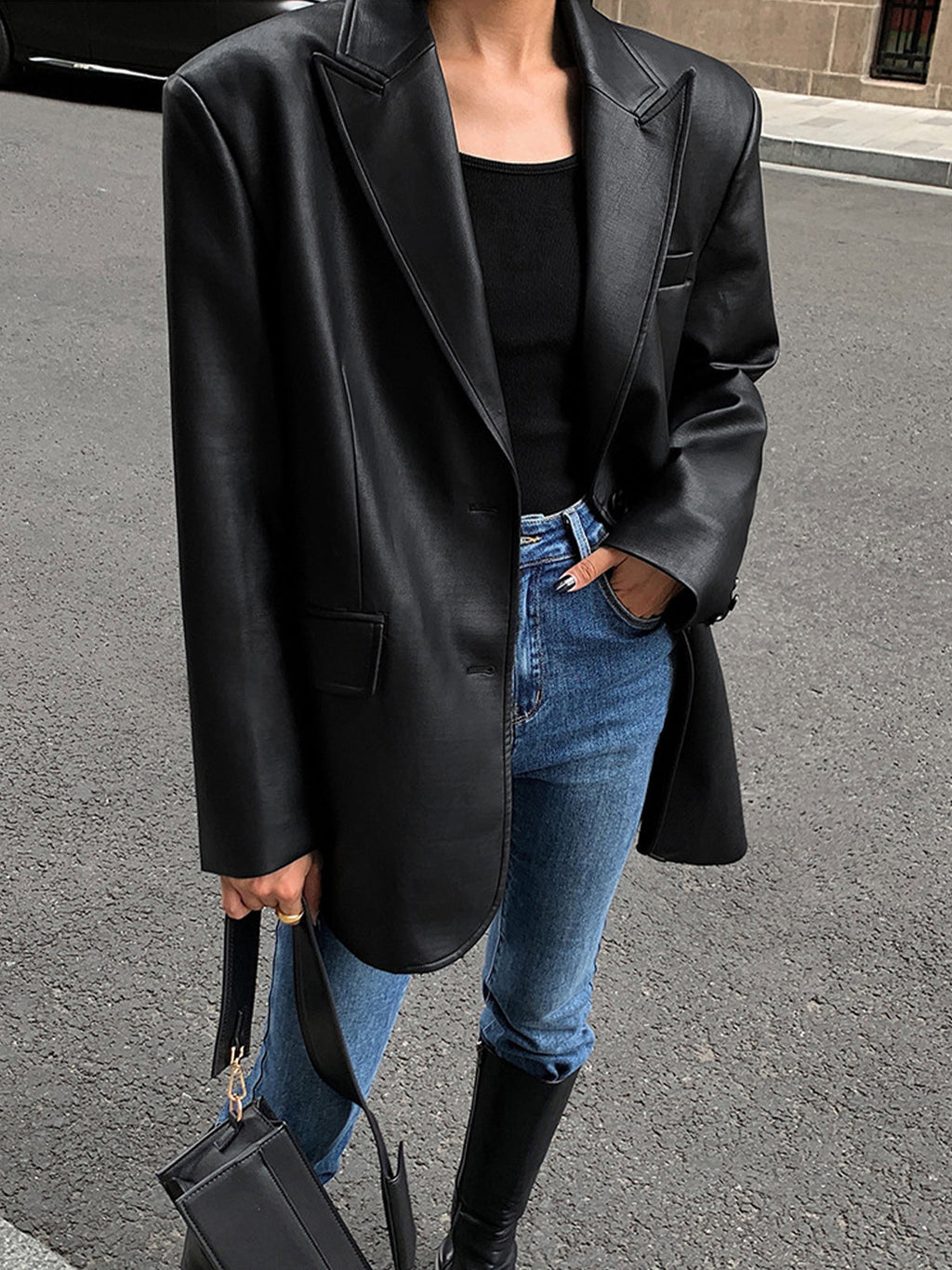 Emma | Classic Long Sleeve Faux Leather Jacket