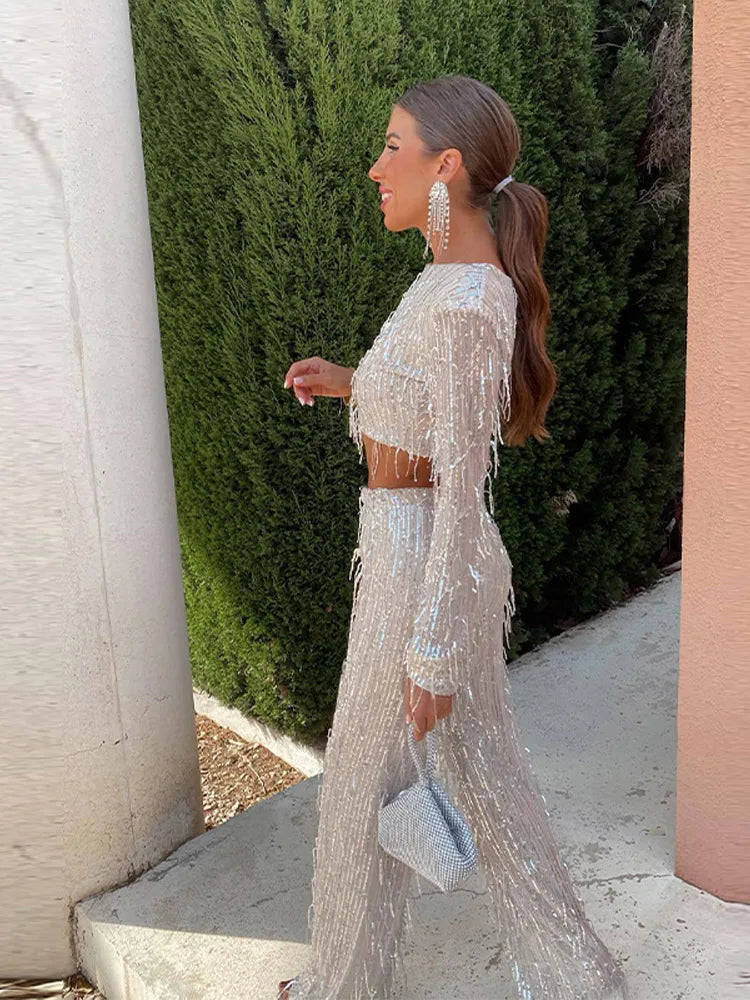 Emma | Dazzling Sequin Crop Top and Wide-Leg Pants Set