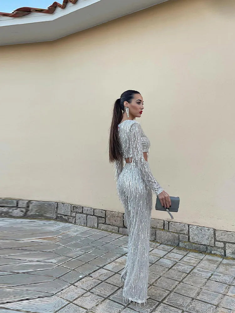 Emma | Dazzling Sequin Crop Top and Wide-Leg Pants Set