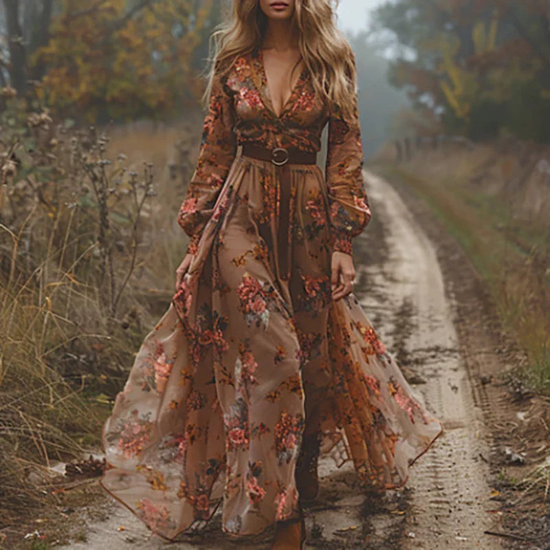 Lila | Floral Long Sleeve Maxi Dress With Sheer Embroidery
