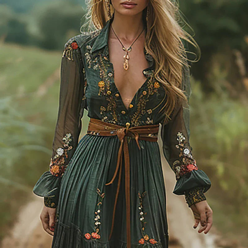 Lila | Floral Long Sleeve Maxi Dress With Sheer Embroidery