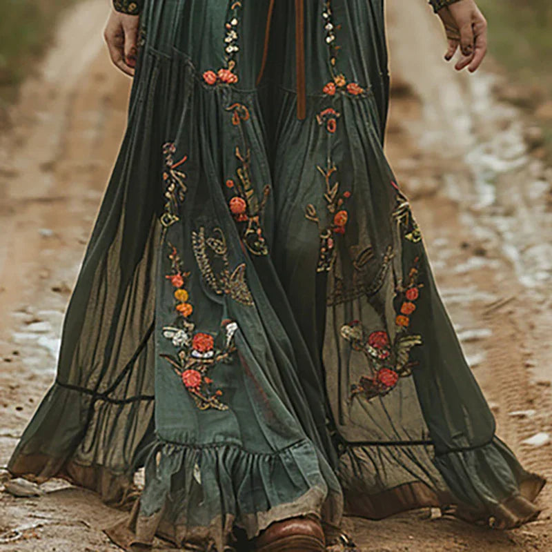 Lila | Floral Long Sleeve Maxi Dress With Sheer Embroidery