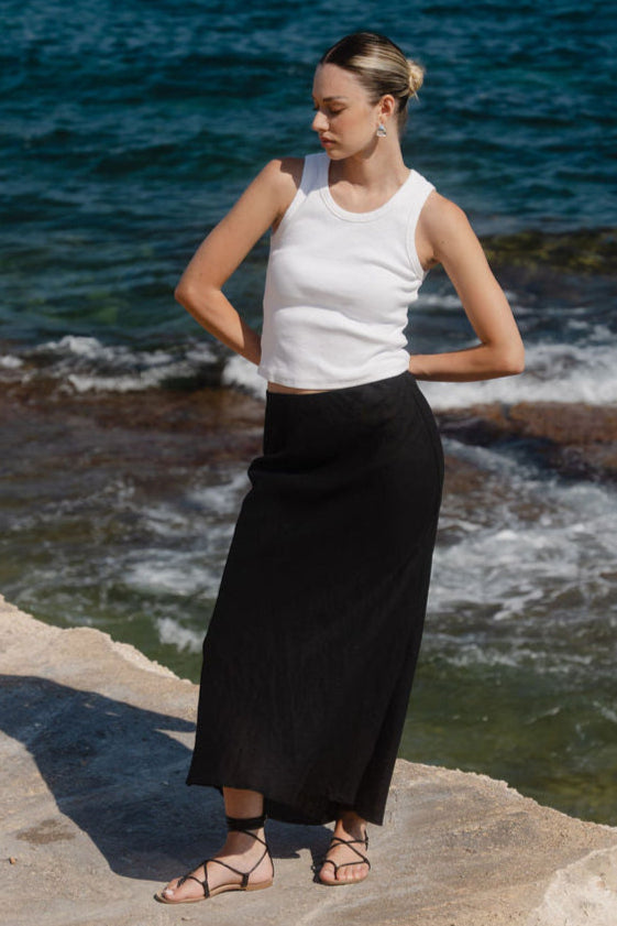 Mia | Elegant Black Linen Midi Skirt