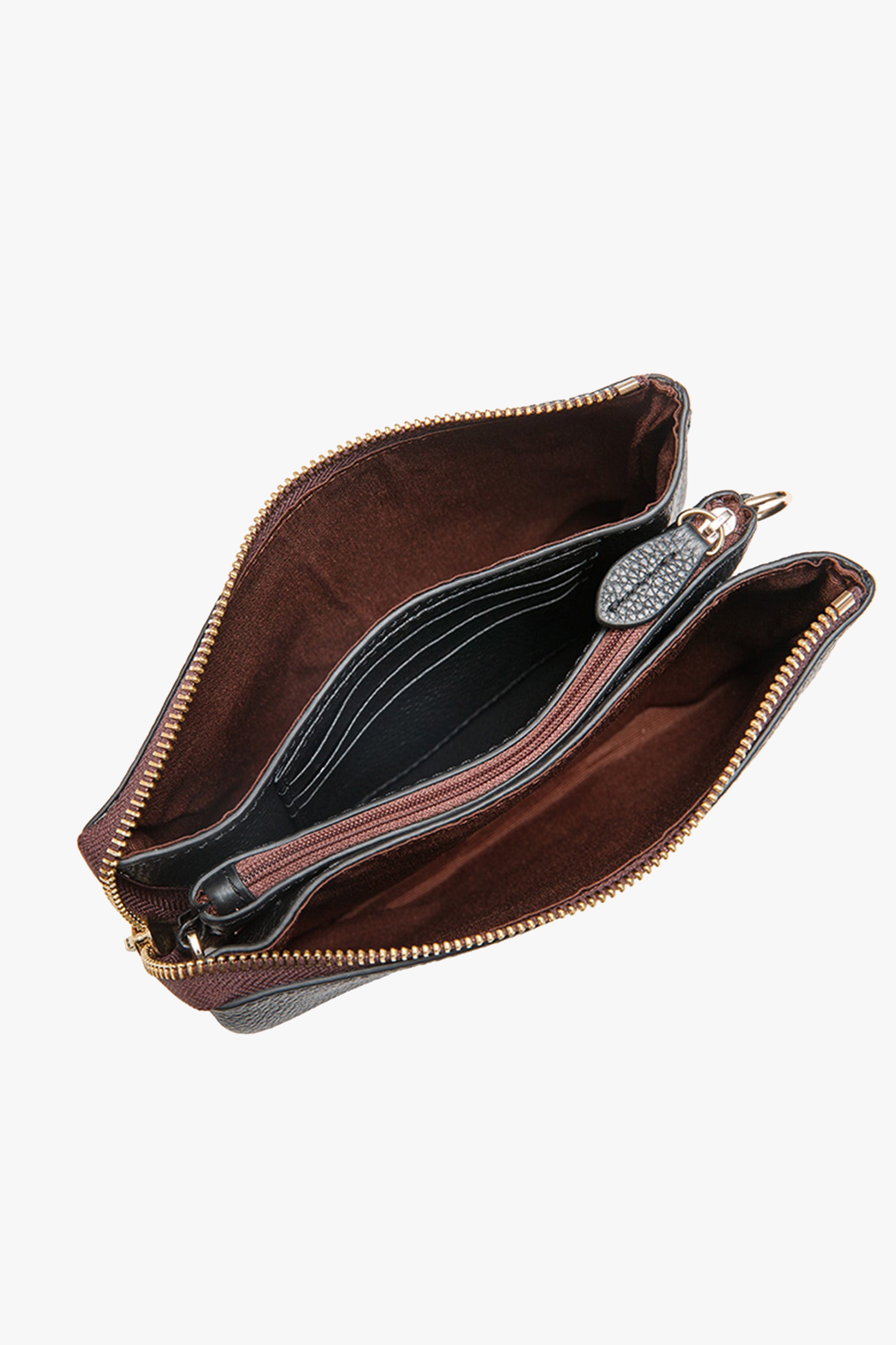 Mia | Elegant Multi Pocket Black Leather Crossbody Clutch