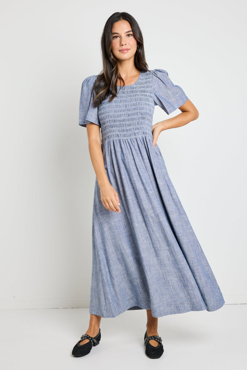 Mia | Elegant Shirred Bodice Midi Dress