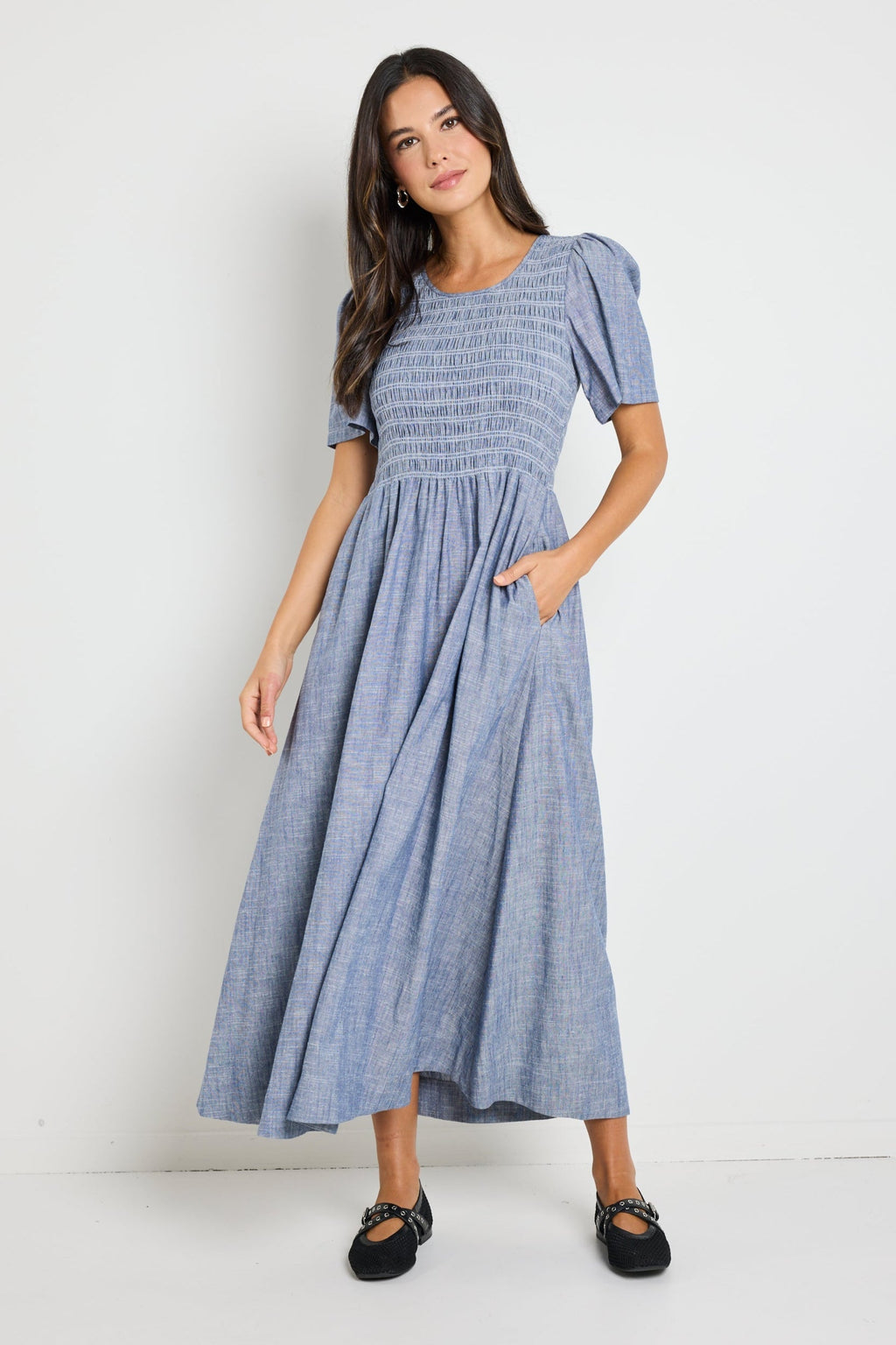 Mia | Elegant Shirred Bodice Midi Dress