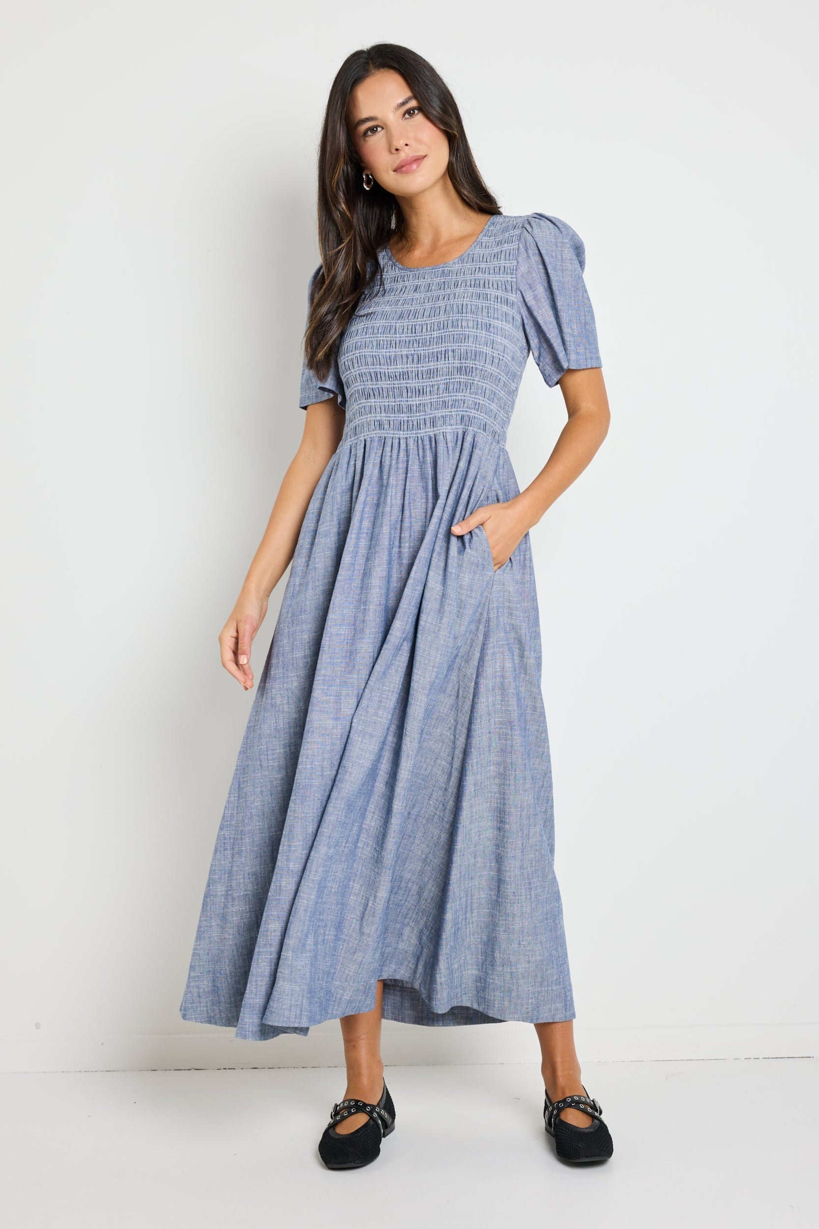 Mia | Elegant Shirred Bodice Midi Dress