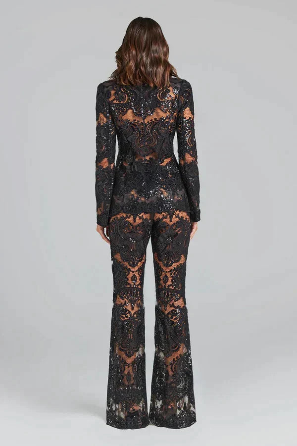 Mia | Elegant White Suit Womens with Sheer Lace Blazer and Flared Pants