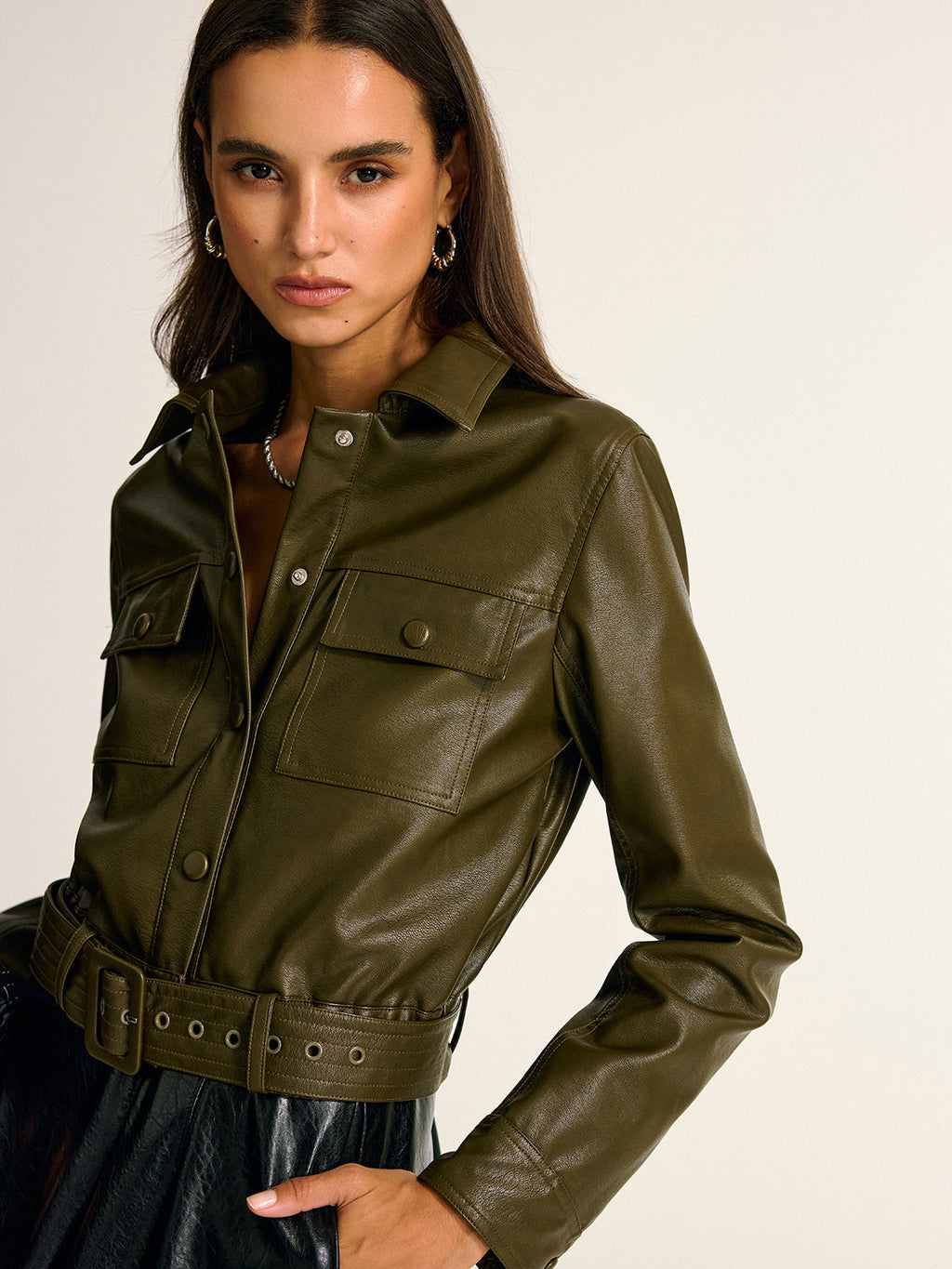 Mia | Stylish Belted Faux Leather Cargo Jacket