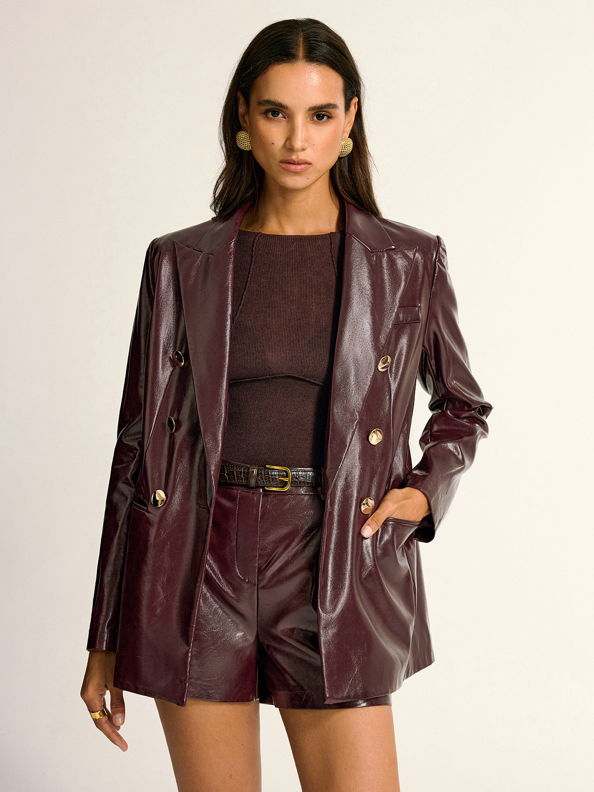 Mia | Stylish Faux Leather Blazer with Metal Buttons