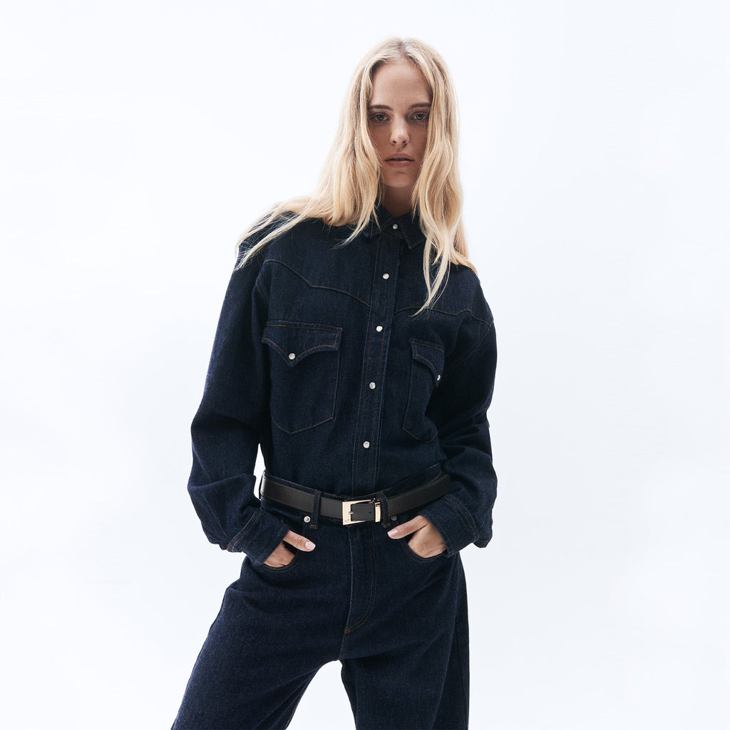 Sophie | Chic Dark Denim Shirt And High-Waisted Jeans Set