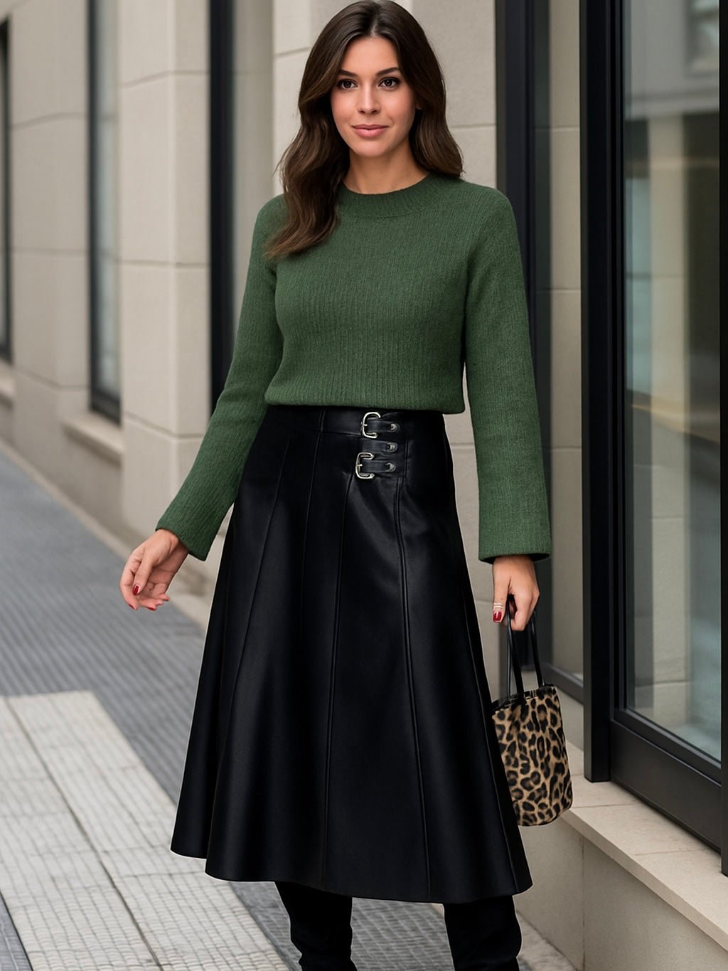Sophie | Edgy A-Line Midi Leather Skirt