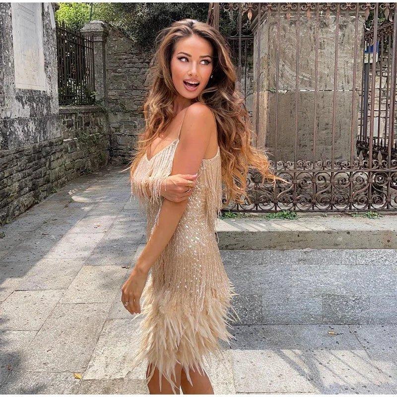 Sophie | Glamorous Sequin Feather Mini Dress for Wedding Guests